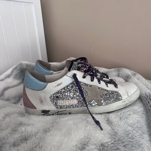 Golden Goose Superstars silver, pink, and blue size 38